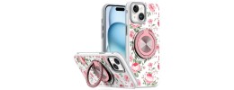 For iPhone 15 Metal Diamond CD Pattern Design Matte Finished  Hybrid with Rotational Ring [Car Mount Friendly] Case - Floral D