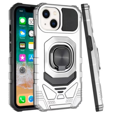 For iPhone 15 OPTIMUM Magnetic Ring Stand Hybrid Case Cover - Silver