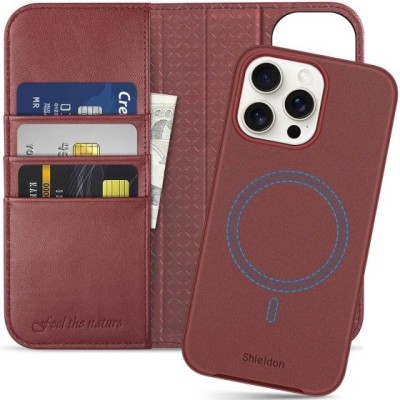 For iPhone 15 PU Leather with inner [Magnetic Circle] Colored Metal Buttons - Burgundy