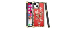 For iPhone 15 Passion Square Hearts Diamond Glitter Ornaments Engraving Case Cover - Garden Butterflies Red