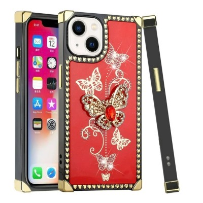 For iPhone 15 Passion Square Hearts Diamond Glitter Ornaments Engraving Case Cover - Garden Butterflies Red