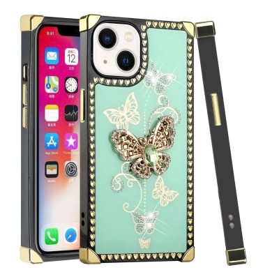 For iPhone 15 Passion Square Hearts Diamond Glitter Ornaments Engraving Case Cover - Garden Butterflies Teal