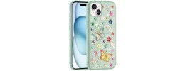 For iPhone 15 Passion Square Hearts Diamond Glitter Ornaments Engraving Case Cover - Garden Butterflies White