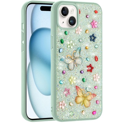 For iPhone 15 Passion Square Hearts Diamond Glitter Ornaments Engraving Case Cover - Garden Butterflies White