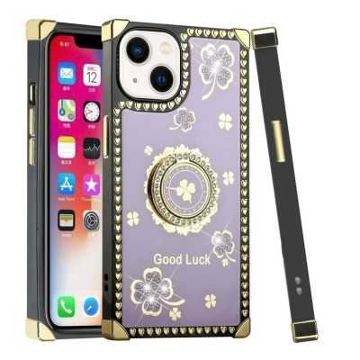 For iPhone 15 Passion Square Hearts Diamond Glitter Ornaments Engraving Case Cover - Good Luck Floral Purple