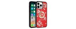 For iPhone 15 Passion Square Hearts Diamond Glitter Ornaments Engraving Case Cover - Good Luck Floral Red