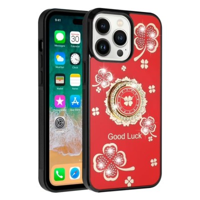 For iPhone 15 Passion Square Hearts Diamond Glitter Ornaments Engraving Case Cover - Good Luck Floral Red