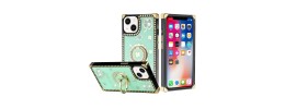 For iPhone 15 Passion Square Hearts Diamond Glitter Ornaments Engraving Case Cover - Good Luck Floral Teal