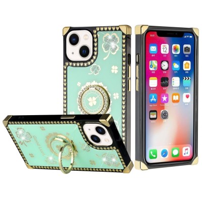 For iPhone 15 Passion Square Hearts Diamond Glitter Ornaments Engraving Case Cover - Good Luck Floral Teal
