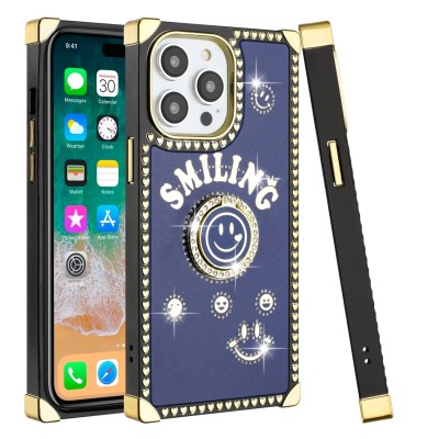 For iPhone 15 Passion Square Hearts Smiling Diamond Ring Stand Case Cover - Blue