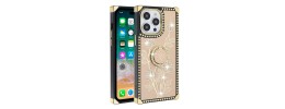 For iPhone 15 Passion Square Hearts Smiling Diamond Ring Stand Case Cover - Gold