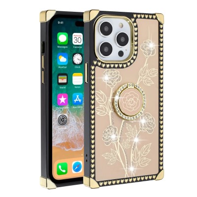 For iPhone 15 Passion Square Hearts Smiling Diamond Ring Stand Case Cover - Gold