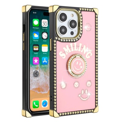 For iPhone 15 Passion Square Hearts Smiling Diamond Ring Stand Case Cover - Pink