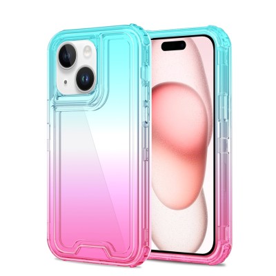 For iPhone 15 Plus 3in1 Two Tone Shockproof Transparent Hybrid Case - Light Blue + Pink