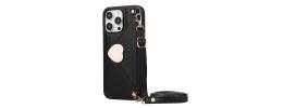 For iPhone 15 Plus Card Holder Passion Square Chromed Heart Ornaments PU Leather Case Cover - Black