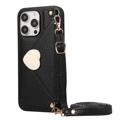 For iPhone 15 Plus Card Holder Passion Square Chromed Heart Ornaments PU Leather Case Cover - Black