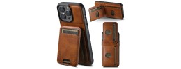 For iPhone 15 Plus Card Holder Passion Square Chromed Heart Ornaments PU Leather Case Cover - Brown