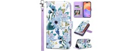 For iPhone 15 Plus Design Wallet ID Credit Card Money Holder with Magnetic Metal Closure including Lanyard - Blue Floral