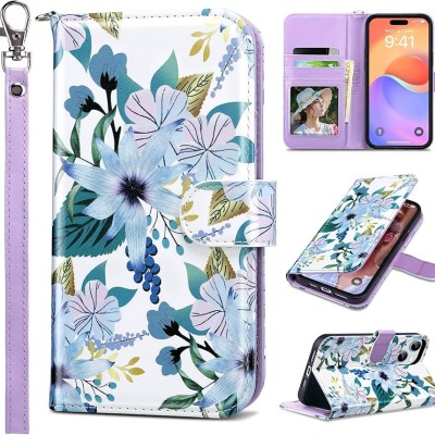 For iPhone 15 Plus Design Wallet ID Credit Card Money Holder with Magnetic Metal Closure including Lanyard - Blue Floral