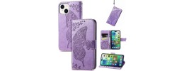 For iPhone 15 Plus Design Wallet ID Credit Card Money Holder with Magnetic Metal Closure including Lanyard - Colorful Butterflies