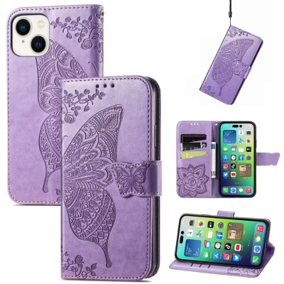 For iPhone 15 Plus Design Wallet ID Credit Card Money Holder with Magnetic Metal Closure including Lanyard - Colorful Butterflies
