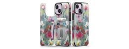 For iPhone 15 Plus Design Wallet ID Credit Card Money Holder with Magnetic Metal Closure including Lanyard - Dark Grunge Eiffel Tower Paris Sakura Flowers