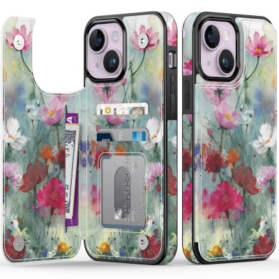 For iPhone 15 Plus Design Wallet ID Credit Card Money Holder with Magnetic Metal Closure including Lanyard - Dark Grunge Eiffel Tower Paris Sakura Flowers