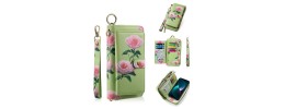 For iPhone 15 Plus Design Wallet ID Credit Card Money Holder with Magnetic Metal Closure including Lanyard - Green Floral