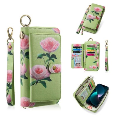 For iPhone 15 Plus Design Wallet ID Credit Card Money Holder with Magnetic Metal Closure including Lanyard - Green Floral