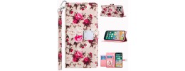 For iPhone 15 Plus Design Wallet ID Credit Card Money Holder with Magnetic Metal Closure including Lanyard - Romantic Pink White Roses Floral