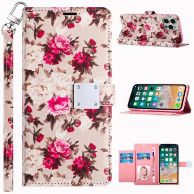 For iPhone 15 Plus Design Wallet ID Credit Card Money Holder with Magnetic Metal Closure including Lanyard - Romantic Pink White Roses Floral