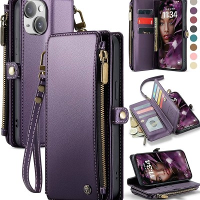 For iPhone 15 Plus Design Wallet ID Credit Card Money Holder with Magnetic Metal Closure including Lanyard - Zigzag