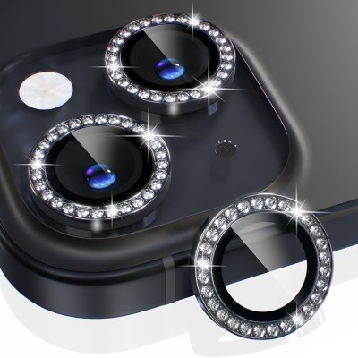 For iPhone 15 Plus Diamond Bling Camera Lens Full Tempered Glass - Black