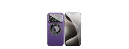 For iPhone 15 Plus Disc Chrome Circle With Chromed Tempered Glass Screen Protector PU UV Leather Case - Light Blue