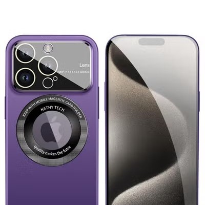 For iPhone 15 Plus Disc Chrome Circle With Chromed Tempered Glass Screen Protector PU UV Leather Case - Light Blue