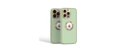 For iPhone 15 Plus Disc Chrome Circle With Chromed Tempered Glass Screen Protector PU UV Leather Case - Light Green