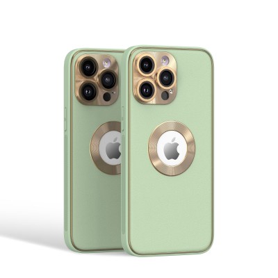 For iPhone 15 Plus Disc Chrome Circle With Chromed Tempered Glass Screen Protector PU UV Leather Case - Light Green
