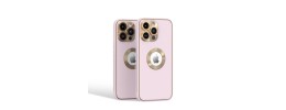 For iPhone 15 Plus Disc Chrome Circle With Chromed Tempered Glass Screen Protector PU UV Leather Case - Light Pink