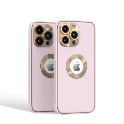 For iPhone 15 Plus Disc Chrome Circle With Chromed Tempered Glass Screen Protector PU UV Leather Case - Light Pink