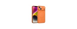 For iPhone 15 Plus Disc Chrome Circle With Chromed Tempered Glass Screen Protector PU UV Leather Case - Orange