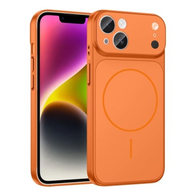 For iPhone 15 Plus Disc Chrome Circle With Chromed Tempered Glass Screen Protector PU UV Leather Case - Orange