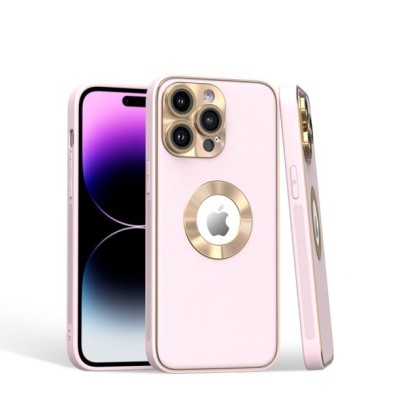 For iPhone 15 Plus Disc Chrome Circle With Chromed Tempered Glass Screen Protector PU UV Leather Case - White