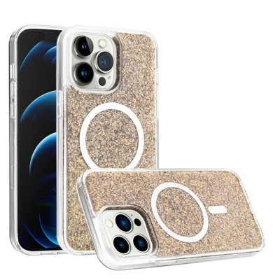 For iPhone 15 Plus Epoxy Glitter [Magnetic Circle] ShockProof Hybrid 2.5mm Thick - Gold