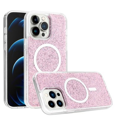 For iPhone 15 Plus Epoxy Glitter [Magnetic Circle] ShockProof Hybrid 2.5mm Thick - Hot Pink