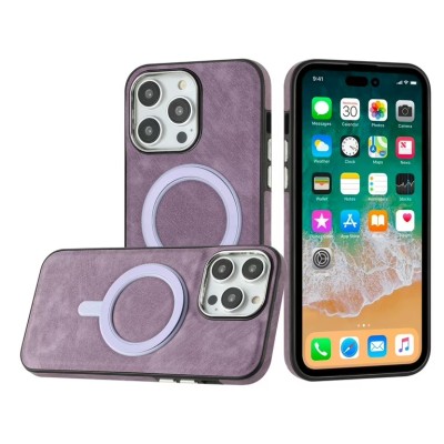 For iPhone 15 Plus Fashion PU Vegan Chrome Edged Case Cover - Purple