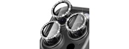 For iPhone 15 Plus Flashy Diamond Leather Sticked On Hybrid with Chrome Camera Edge - Black