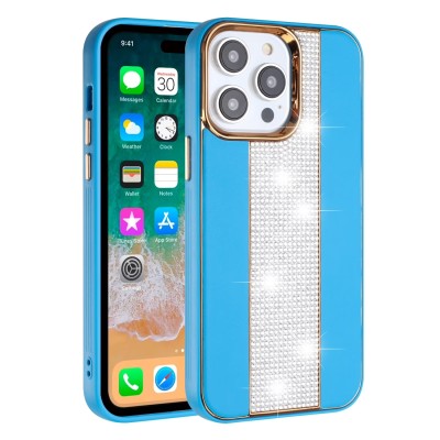 For iPhone 15 Plus Flashy Diamond Leather Sticked On Hybrid with Chrome Camera Edge - Blue