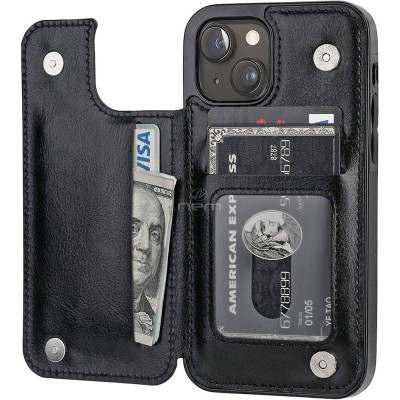 For iPhone 15 Plus Jewel Wallet Design with Stitched PU Leather ID Card Money Holder Zipper Case - Black