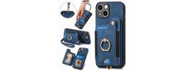 For iPhone 15 Plus Jewel Wallet Design with Stitched PU Leather ID Card Money Holder Zipper Case - Navy Blue