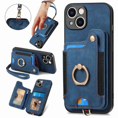 For iPhone 15 Plus Jewel Wallet Design with Stitched PU Leather ID Card Money Holder Zipper Case - Navy Blue